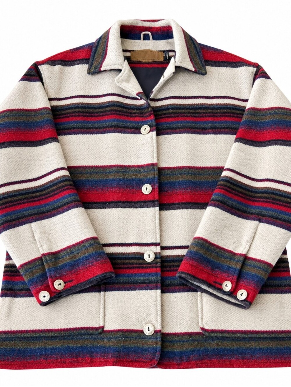 Vintage Woolrich Unisex Ivory Wool Jacket With Red Blue Green Brown Stripes Sz M